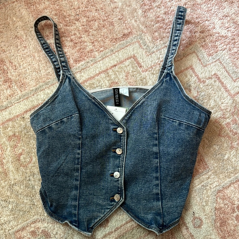H&M Dark Blue Denim Button-Front Crop Top
